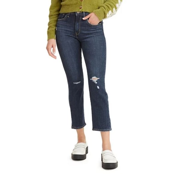 Levi's 724 High Rise Straight Crop Dark Wash Light Distressed Jeans 29 / 8 - Picture 1 of 2